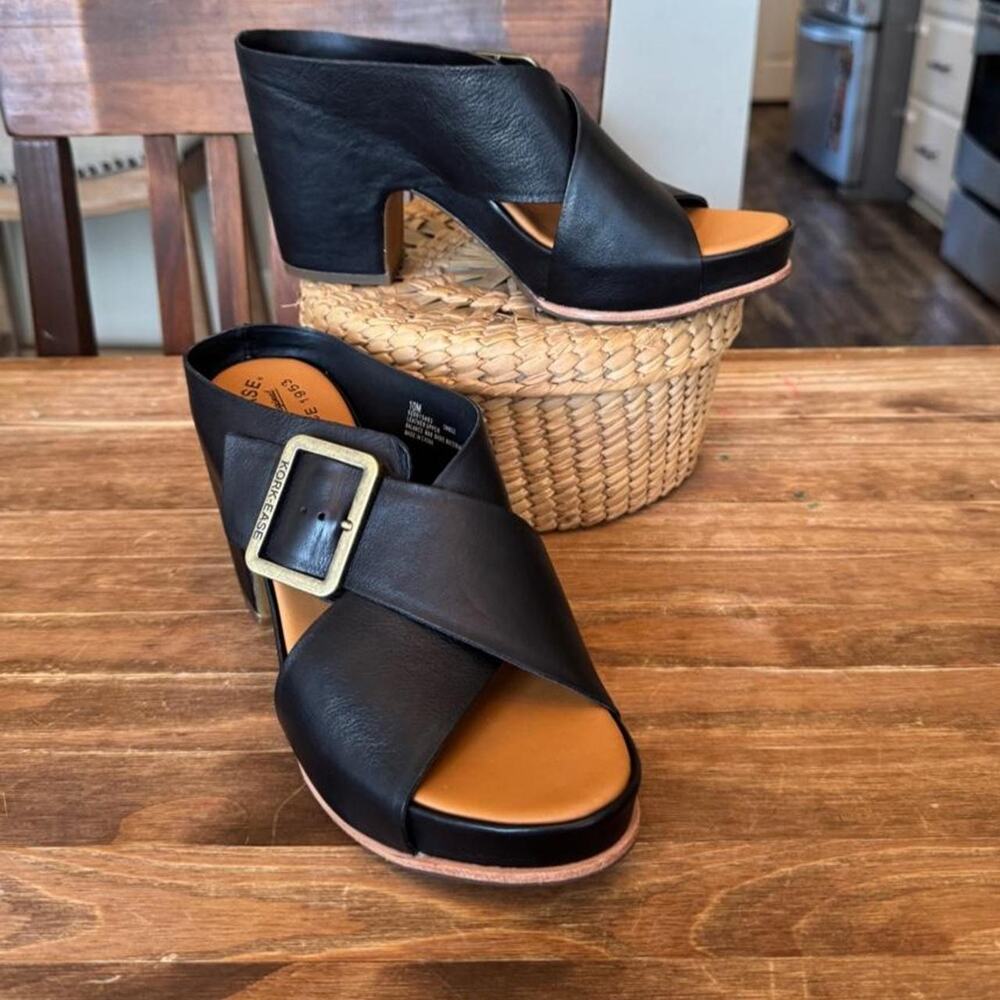 Kork-Ease Samara Black Leather Platform Block Heel Sandals